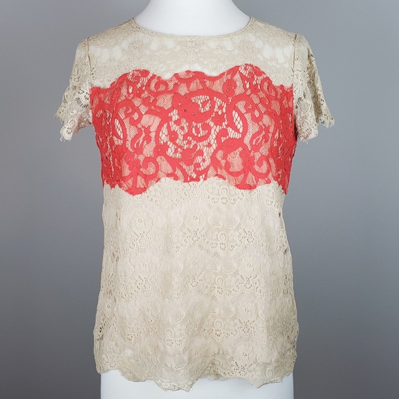 Porcelain Tops - Porcelain Beige & Coral Lace Top